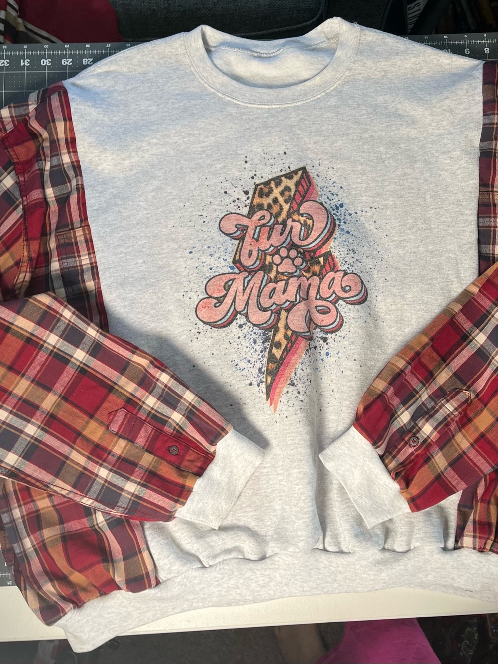 Upcycled handmade gray flannel sweatshirt “Fur Mama” size XL-2XL red cheetah